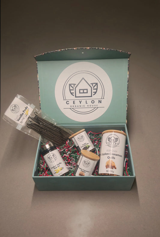Ceylon Organic House gift set with vanilla beans, cinnamon, and tea.